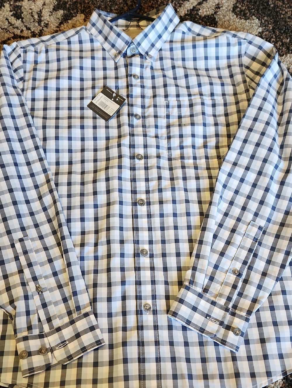 Eddie Bauer White and Blue Checked Button-Down Shirt